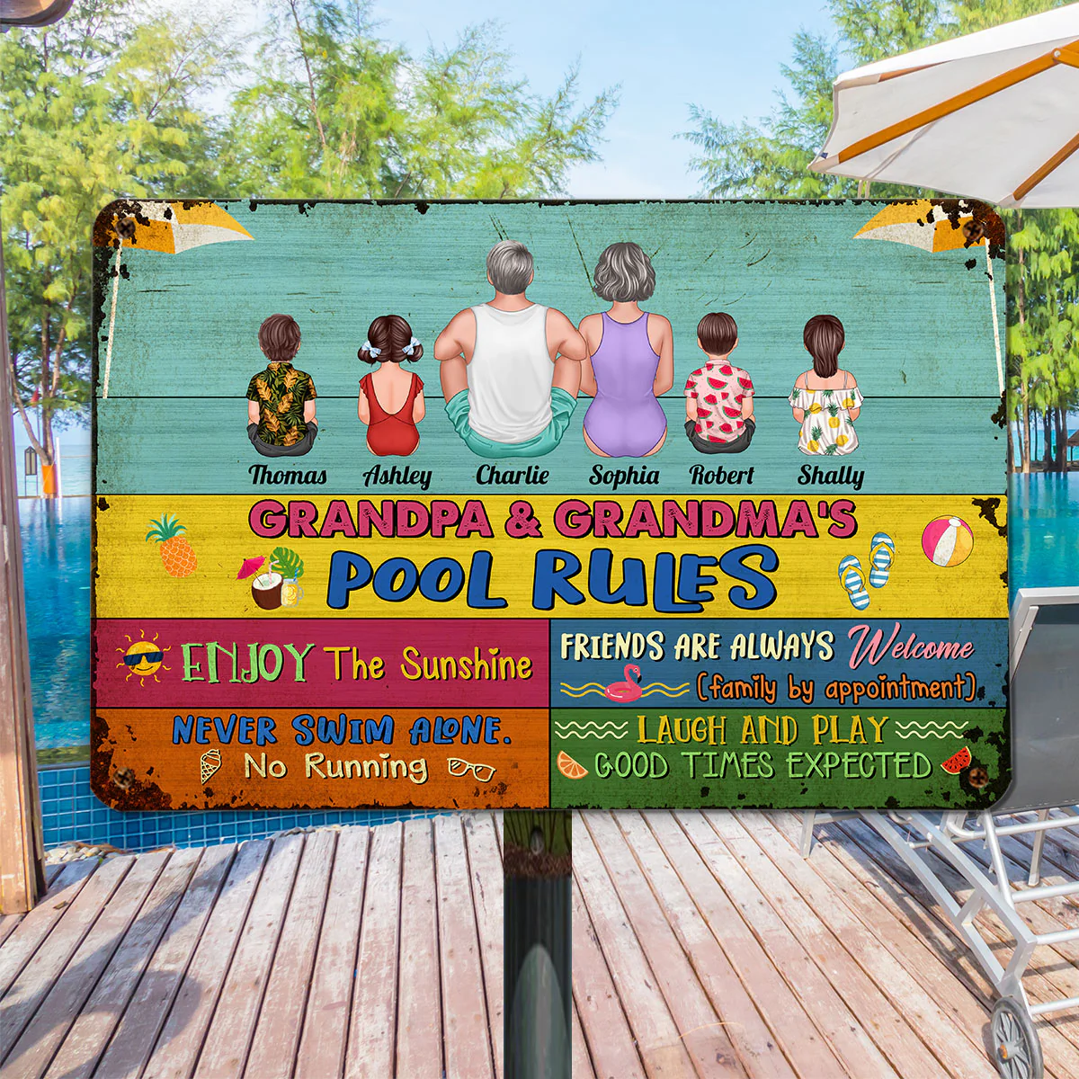 Grandparents Pool Rules Summer Palette Back View Sitting Man Woman Kids Personalized Metal Sign - Image 2