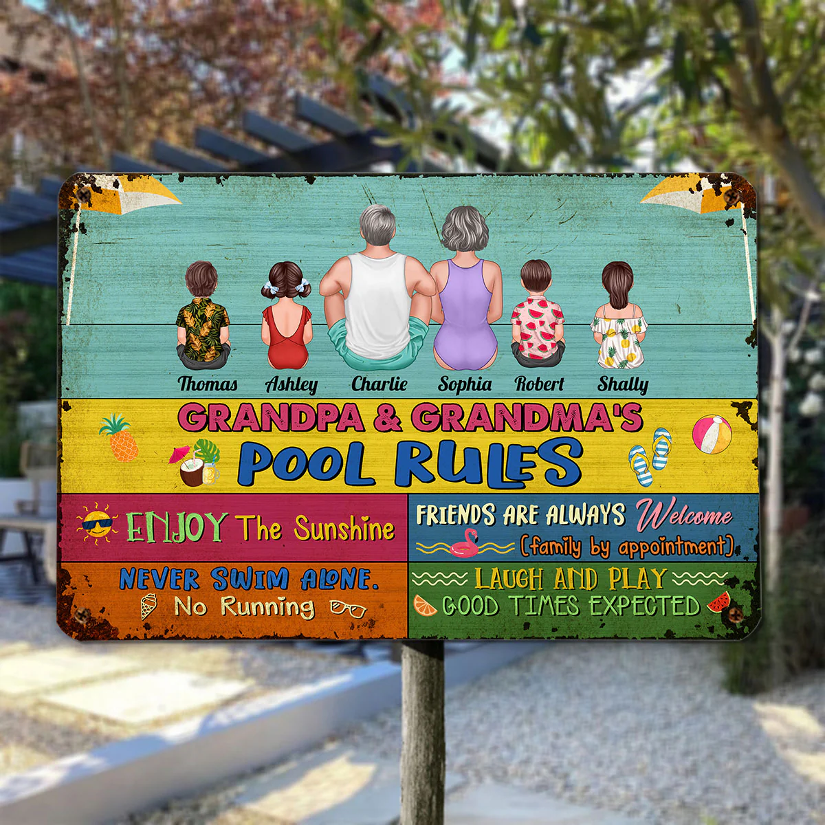 Grandparents Pool Rules Summer Palette Back View Sitting Man Woman Kids Personalized Metal Sign - Image 3