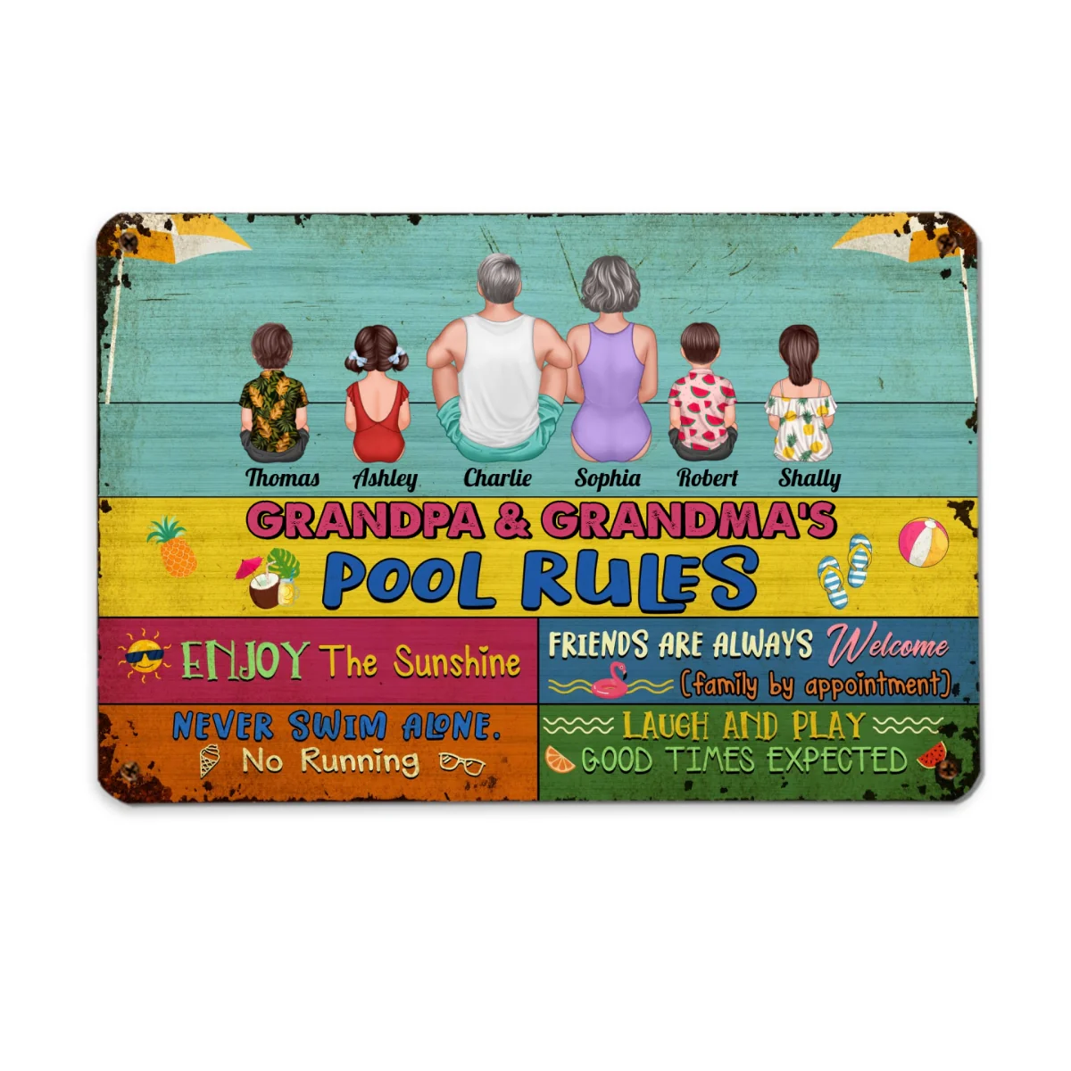 Grandparents Pool Rules Summer Palette Back View Sitting Man Woman Kids Personalized Metal Sign - Image 4