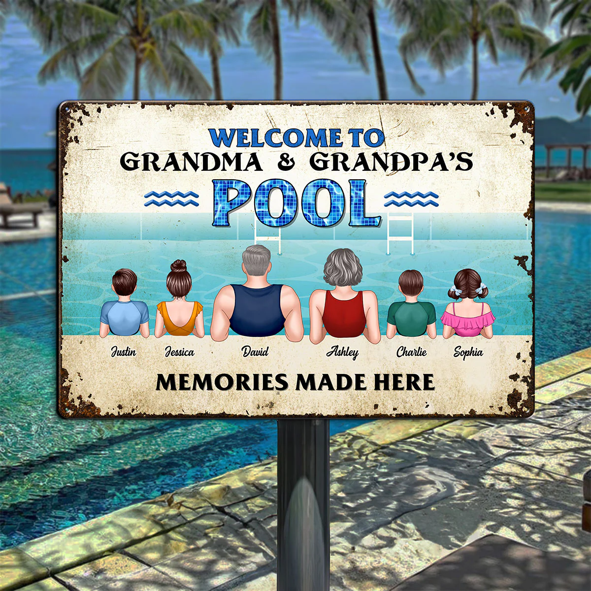 Grandparents Pool With Grandkids Personalized Metal Sign - Image 2