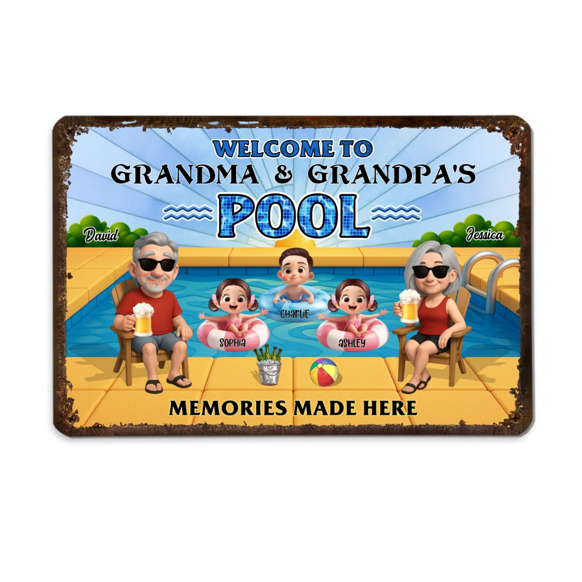 Grandparents Sitting with Grandkids Personalized Metal Sign, Grandparents Hosting Grandkids Summer Swimming Pool Sign - Image 12