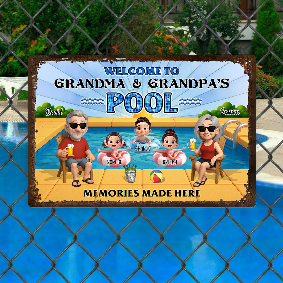 Grandparents Sitting with Grandkids Personalized Metal Sign, Grandparents Hosting Grandkids Summer Swimming Pool Sign - Image 3
