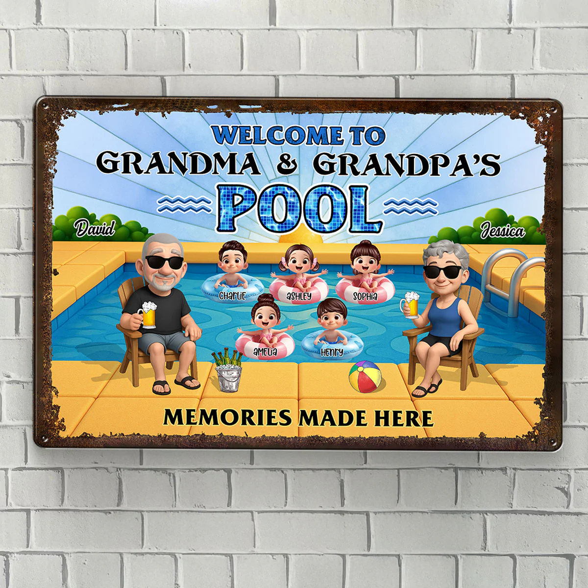Grandparents Sitting with Grandkids Personalized Metal Sign, Grandparents Hosting Grandkids Summer Swimming Pool Sign - Image 4