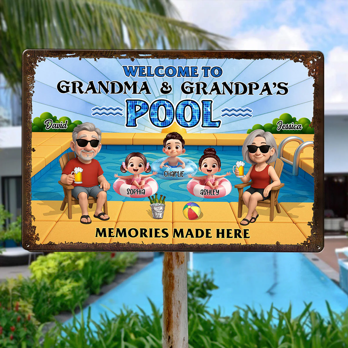 Grandparents Sitting with Grandkids Personalized Metal Sign, Grandparents Hosting Grandkids Summer Swimming Pool Sign - Image 5