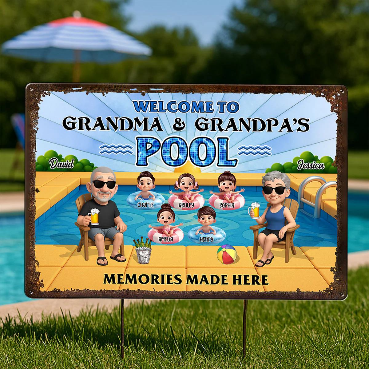Grandparents Sitting with Grandkids Personalized Metal Sign, Grandparents Hosting Grandkids Summer Swimming Pool Sign - Image 6