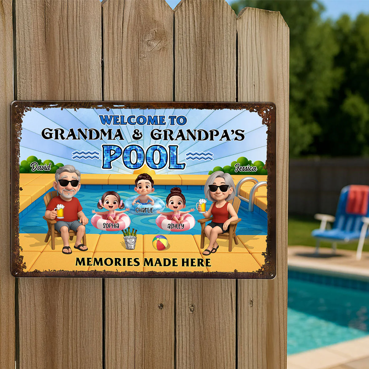 Grandparents Sitting with Grandkids Personalized Metal Sign, Grandparents Hosting Grandkids Summer Swimming Pool Sign - Image 7