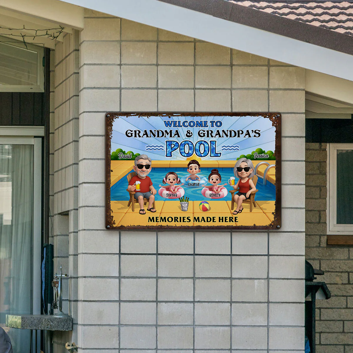 Grandparents Sitting with Grandkids Personalized Metal Sign, Grandparents Hosting Grandkids Summer Swimming Pool Sign - Image 8