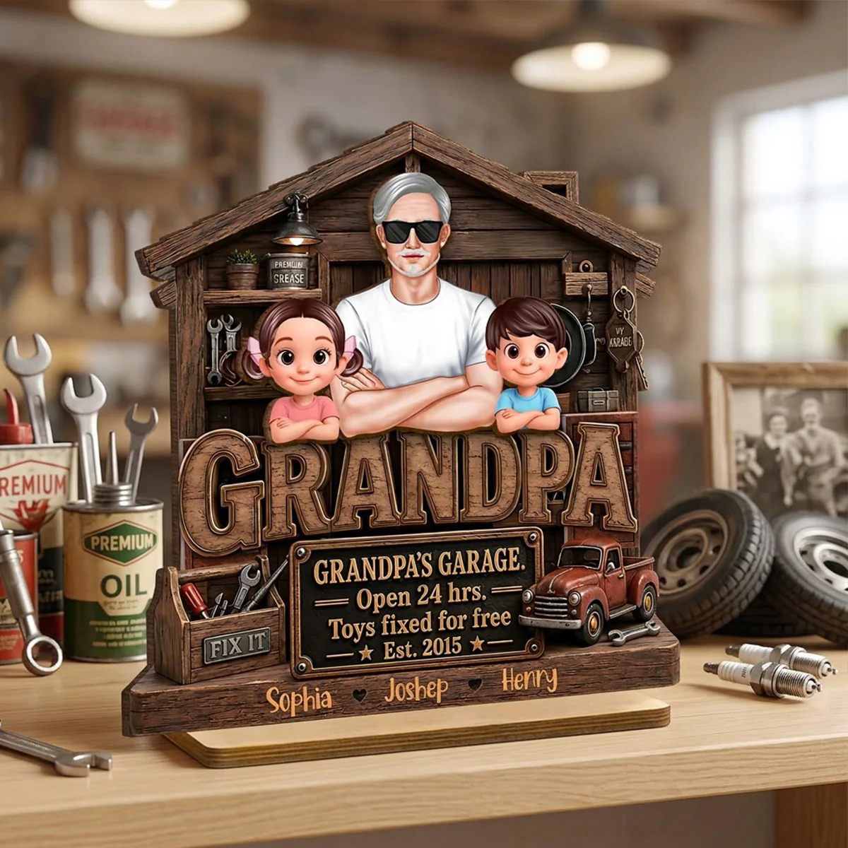 Grandpa's Garage - Personalized 2-Layered Wooden Plaque - Gift for Dad, Grandpa, Husband - Image 2