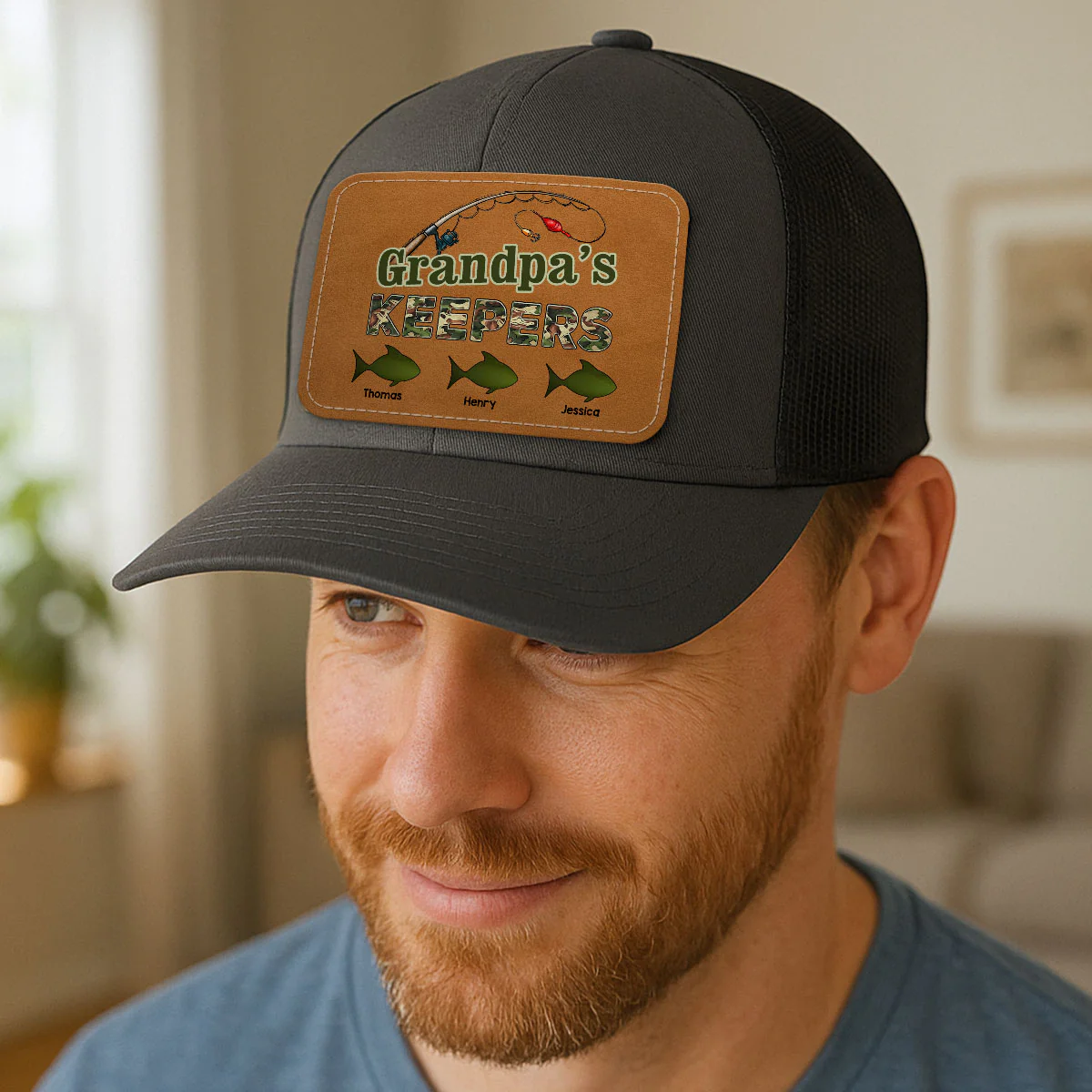 Grandpa‘s Keepers Fishing Camouflage Personalized Leather Patch Hat - Image 10