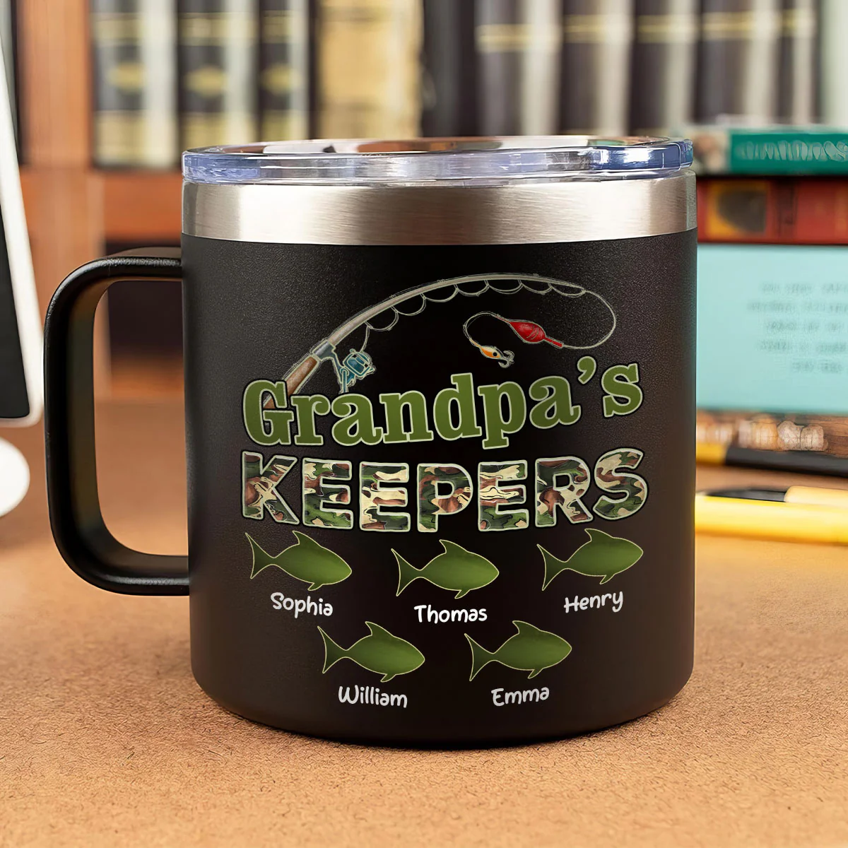 Grandpa's Keepers Fishing Camouflage Personalized Stainless Steel Tumbler With Handle - Image 3