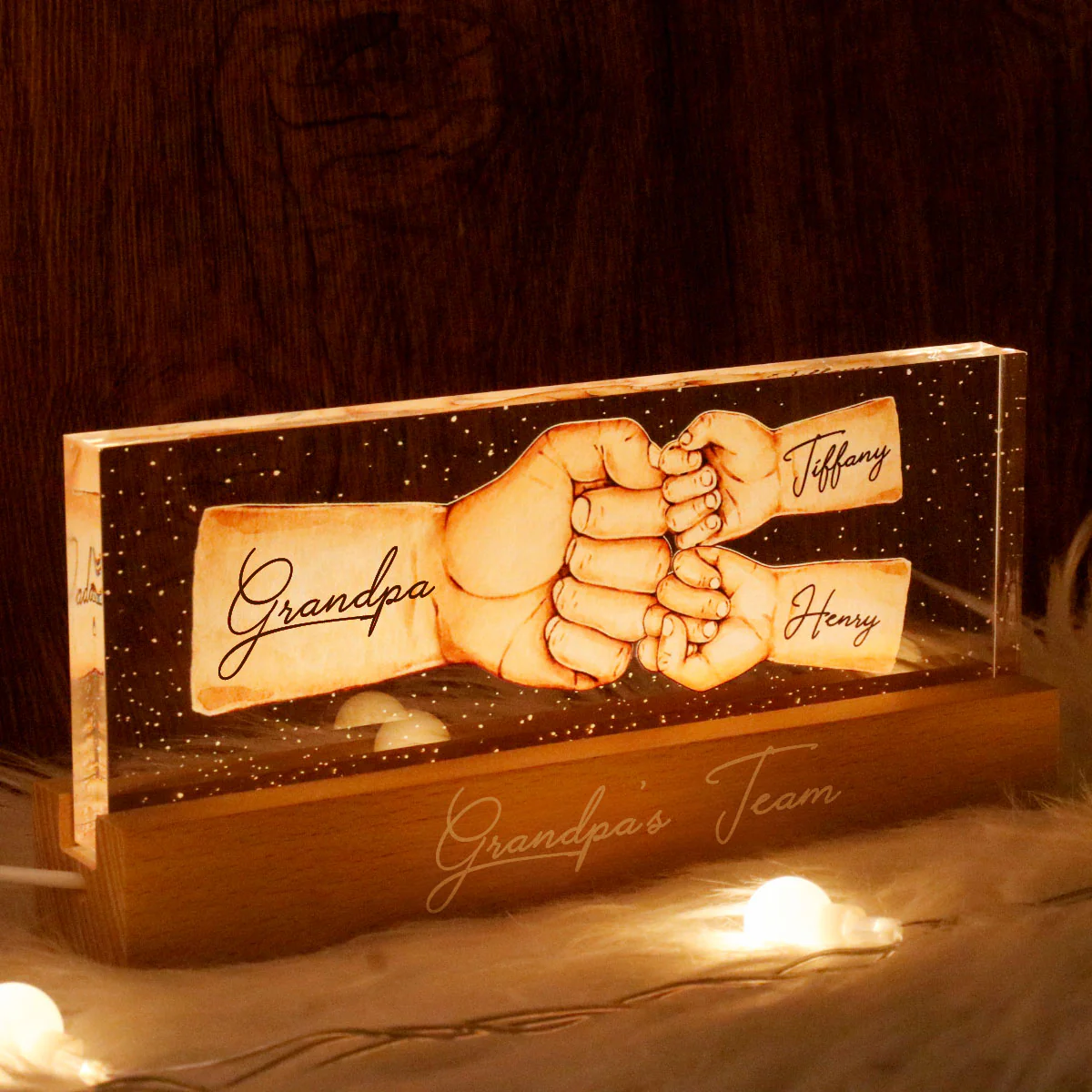 Grandpa's Team Fist Bump Personalized Acrylic LED Night Light, Father's Day Gift For Grandpa - Image 3