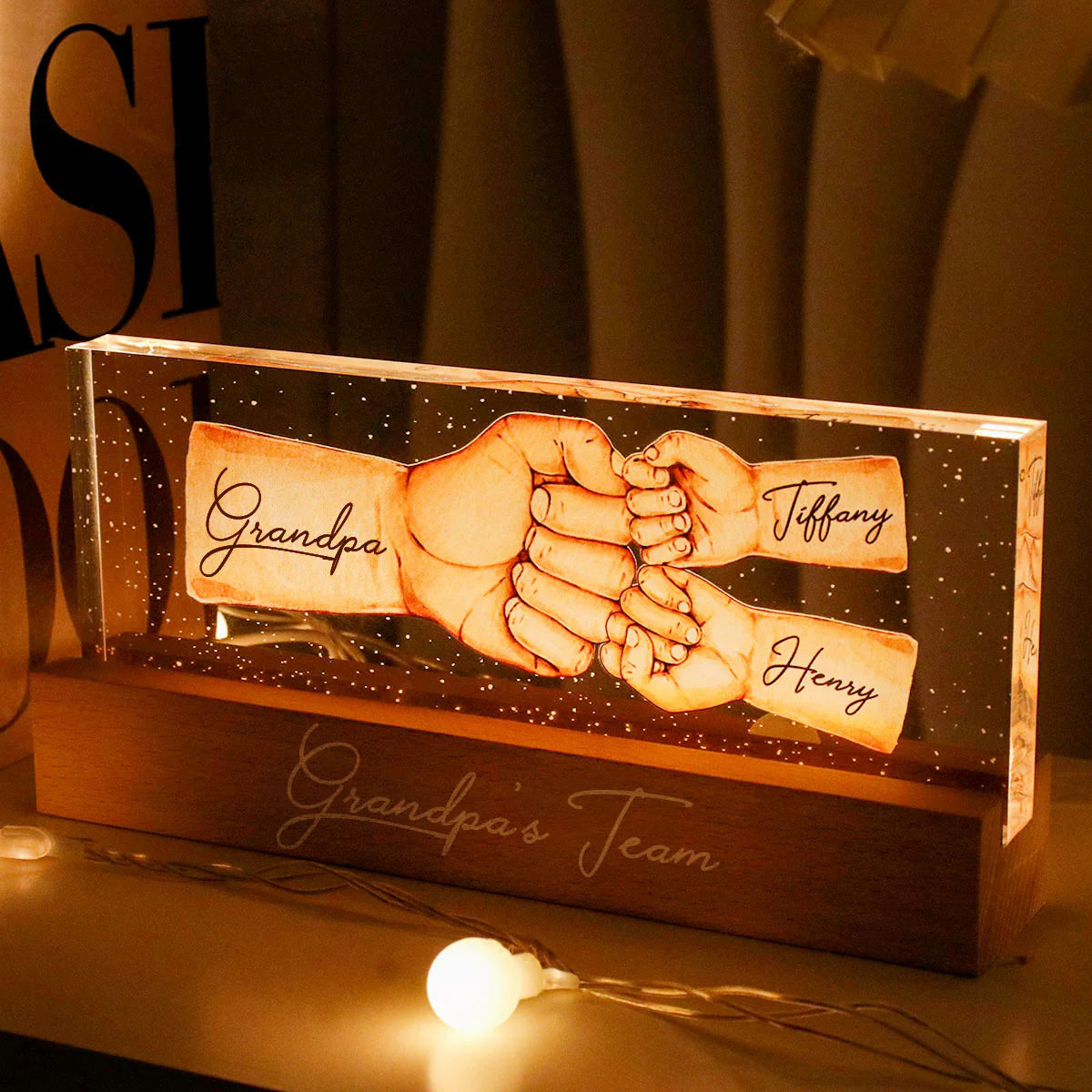 Grandpa's Team Fist Bump Personalized Acrylic LED Night Light, Father's Day Gift For Grandpa - Image 4
