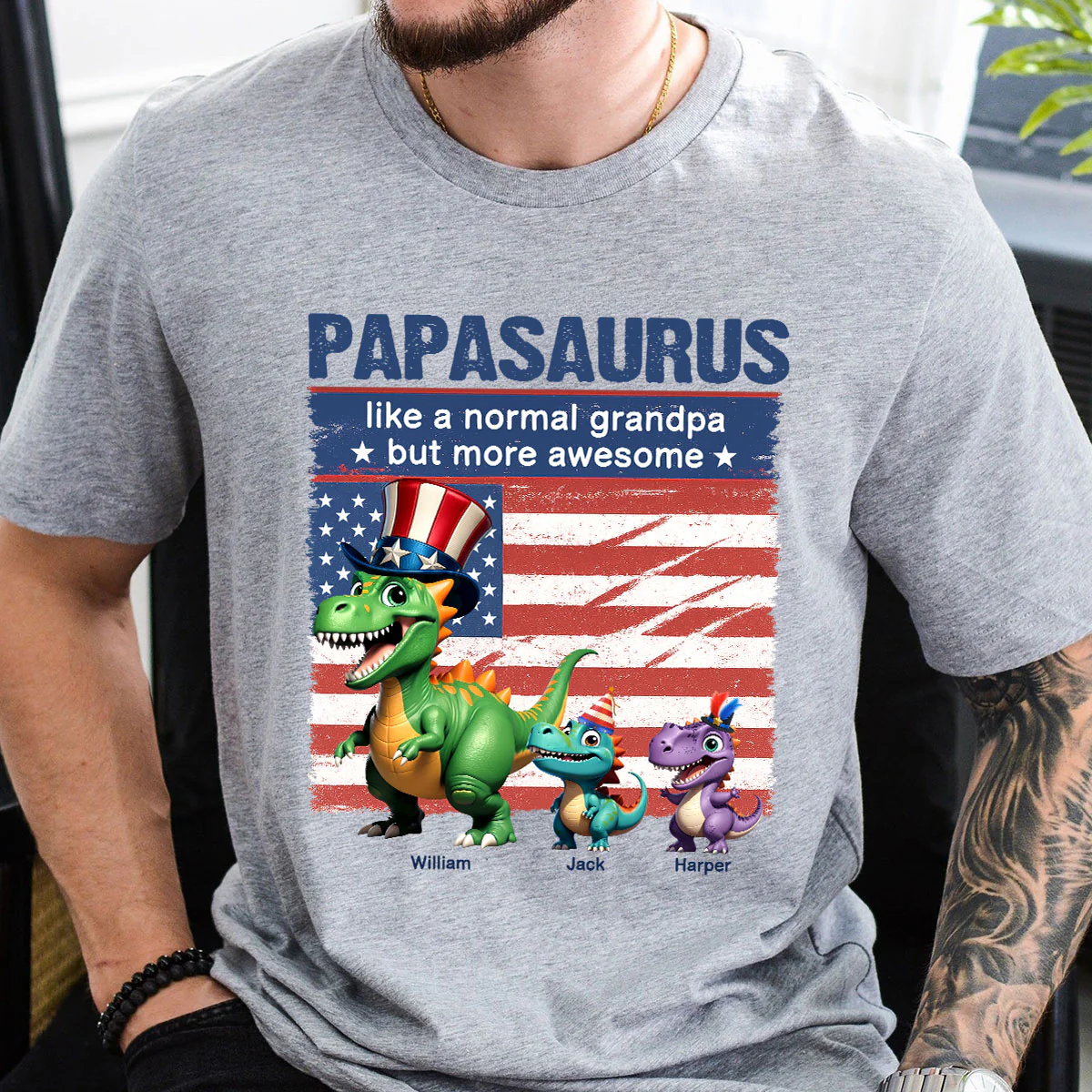 Grandpasaurus And Kids 3D Effect Dinosaurs 4th Of July Independence Day Celebration Personalized Shirt - Image 7