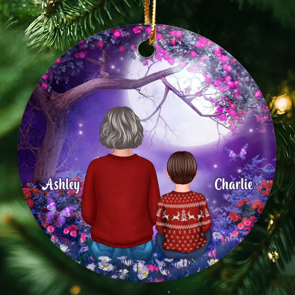 Granmda Grandkids Purple Flower Tree Personalized Circle Ornament - Image 4