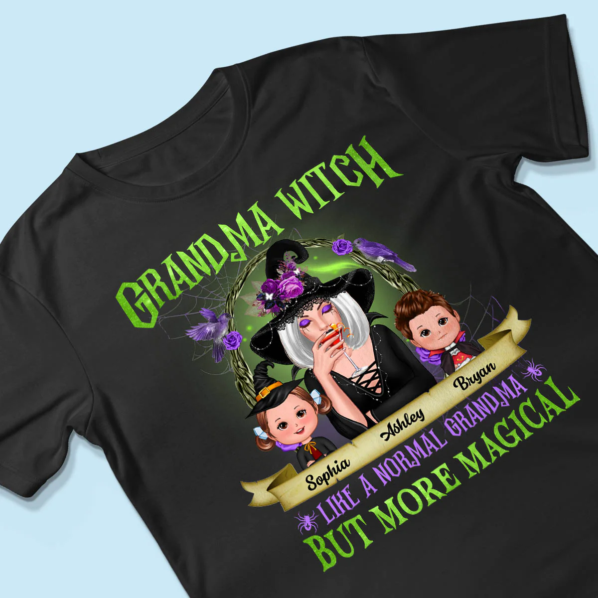 Green And Purple Halloween Grandma And Kids Personalized Shirt - Image 3