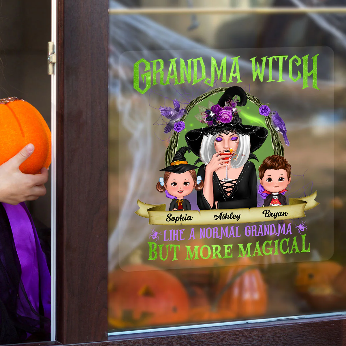 Green And Purple Halloween Grandma And Kids Personalized Decal, Halloween Decor - Image 6