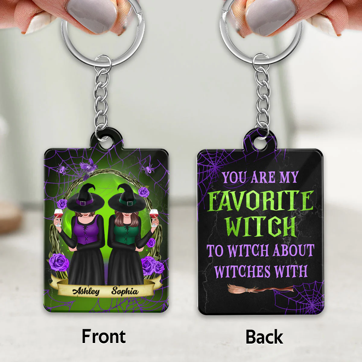 Green And Purple Wreath Witches Gift For Best Friends Personalized Acrylic Keychain - Image 3