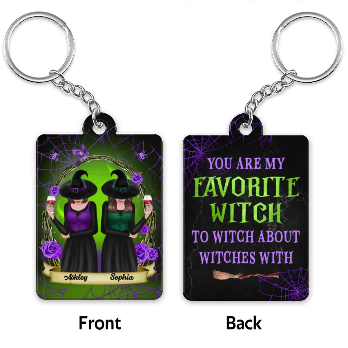 Green And Purple Wreath Witches Gift For Best Friends Personalized Acrylic Keychain - Image 4