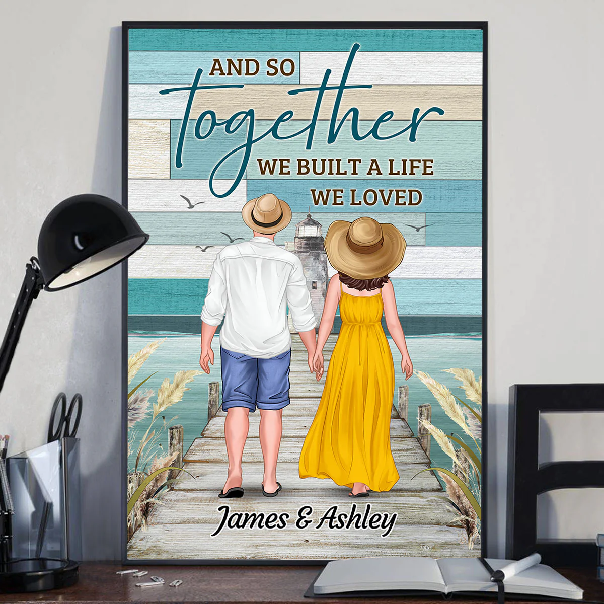 Green Color Palette Back View Couple Holding Hands Walking On The Bridge Personalized Vertical Poster - Image 2
