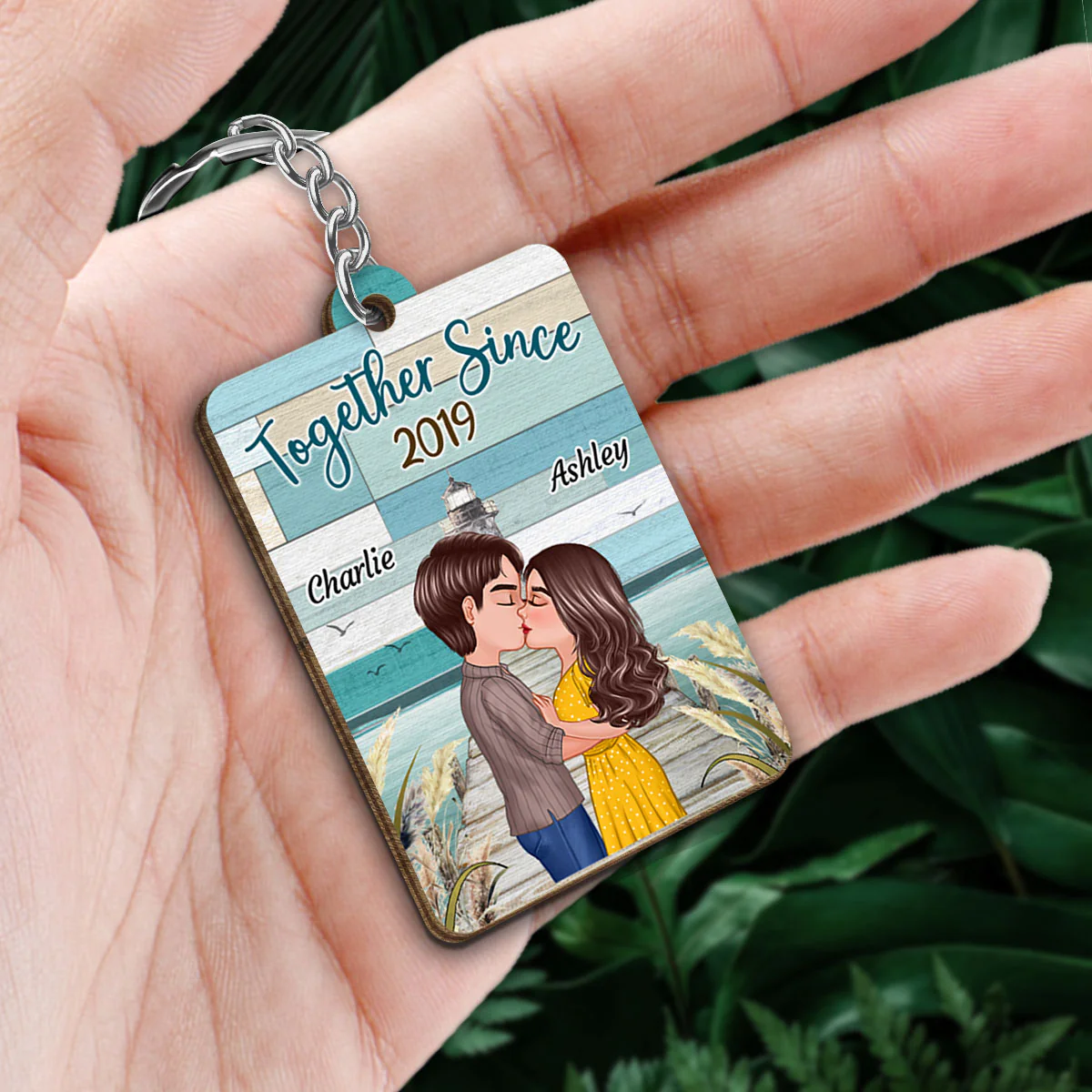 Green Color Palette Doll Couple Kissing On The Bridge Favorite Song Scannable QR Code Personalized Wooden Keychain - Image 2