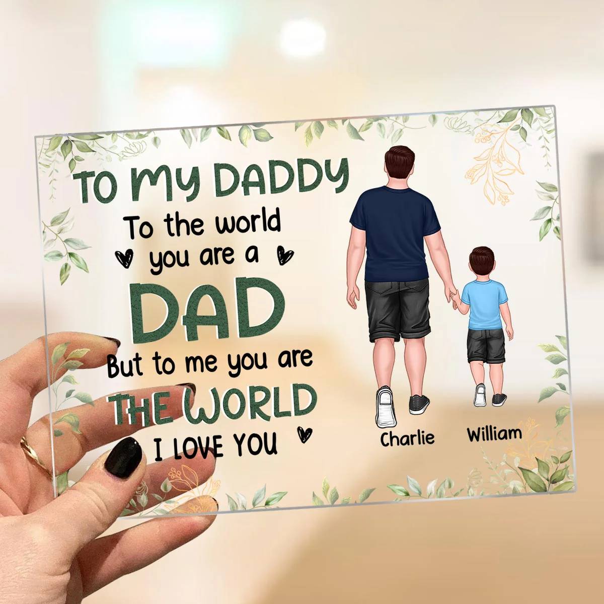 Green Leaves Frame Dad We Love You Back View Dad And Kids Walking Personalized Acrylic Plaque - Image 3