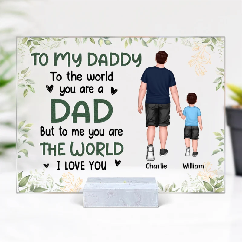 Green Leaves Frame Dad We Love You Back View Dad And Kids Walking Personalized Acrylic Plaque - Image 4
