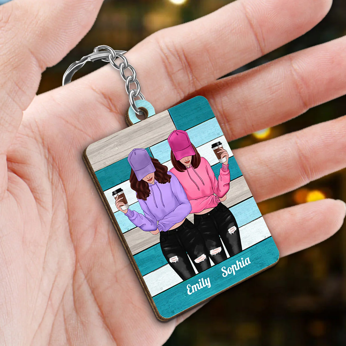 Green Palette Front View Besties Gift For Best Friends Matching Personalized Wooden Keychain - Image 2