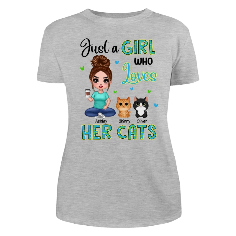 Green Pattern Just A Woman Who Loves Cats Doll Girl Sitting With Watercolor Cute Cats Personalized Shirt - Image 10
