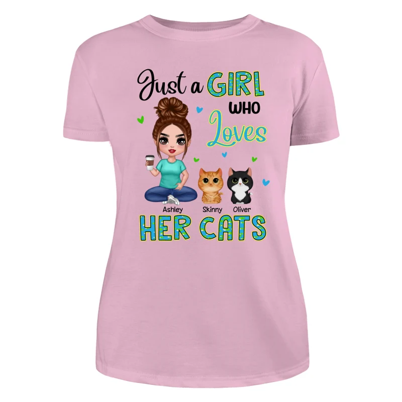 Green Pattern Just A Woman Who Loves Cats Doll Girl Sitting With Watercolor Cute Cats Personalized Shirt - Image 11