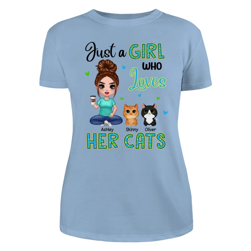 Green Pattern Just A Woman Who Loves Cats Doll Girl Sitting With Watercolor Cute Cats Personalized Shirt - Image 12