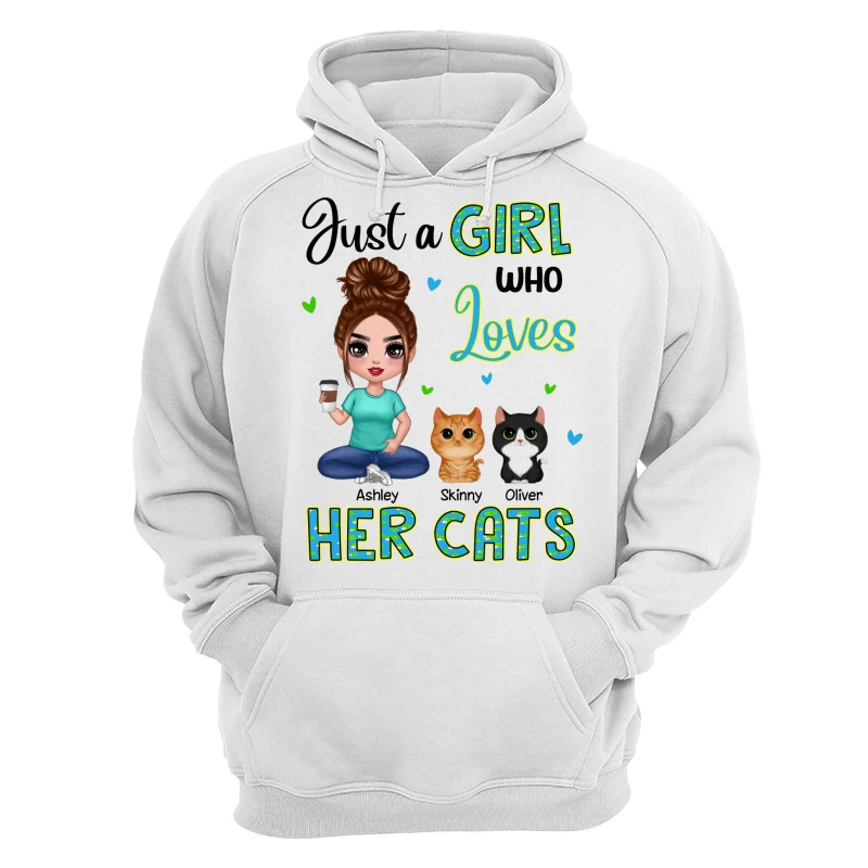 Green Pattern Just A Woman Who Loves Cats Doll Girl Sitting With Watercolor Cute Cats Personalized Shirt - Image 13