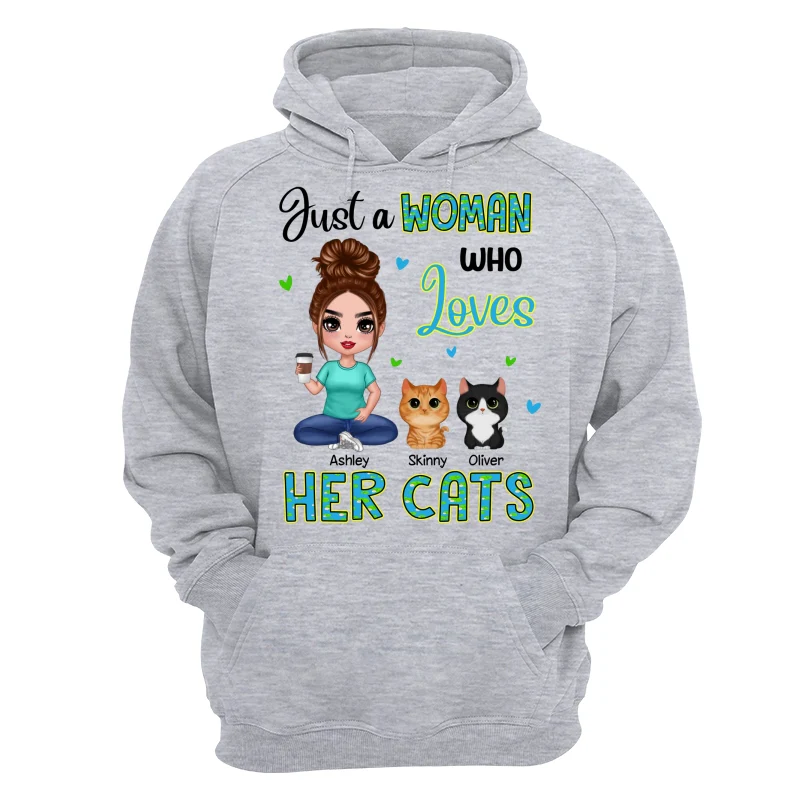 Green Pattern Just A Woman Who Loves Cats Doll Girl Sitting With Watercolor Cute Cats Personalized Shirt - Image 14