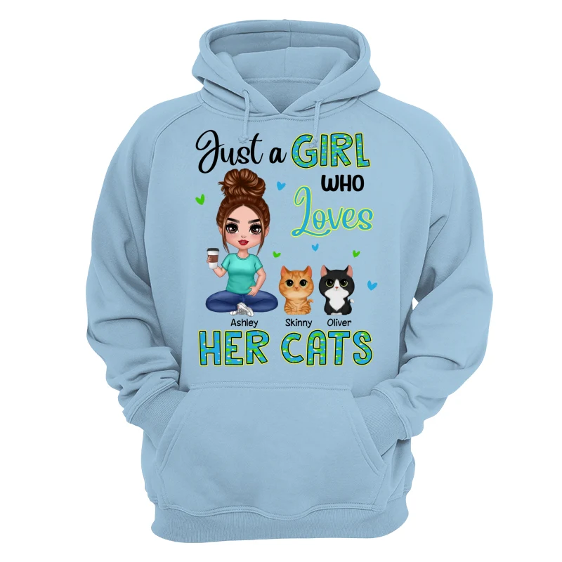 Green Pattern Just A Woman Who Loves Cats Doll Girl Sitting With Watercolor Cute Cats Personalized Shirt - Image 16