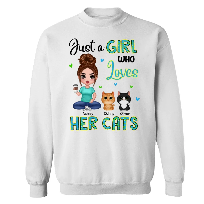 Green Pattern Just A Woman Who Loves Cats Doll Girl Sitting With Watercolor Cute Cats Personalized Shirt - Image 17