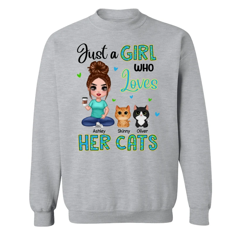Green Pattern Just A Woman Who Loves Cats Doll Girl Sitting With Watercolor Cute Cats Personalized Shirt - Image 18