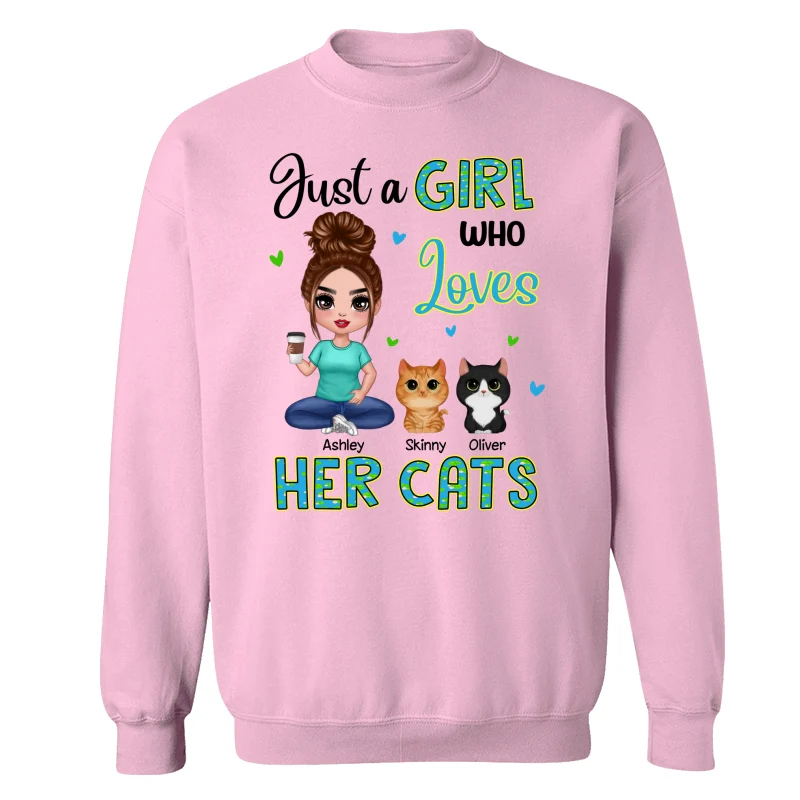 Green Pattern Just A Woman Who Loves Cats Doll Girl Sitting With Watercolor Cute Cats Personalized Shirt - Image 19