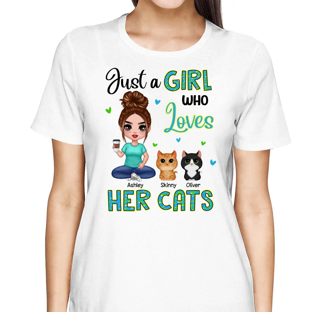 Green Pattern Just A Woman Who Loves Cats Doll Girl Sitting With Watercolor Cute Cats Personalized Shirt - Image 2