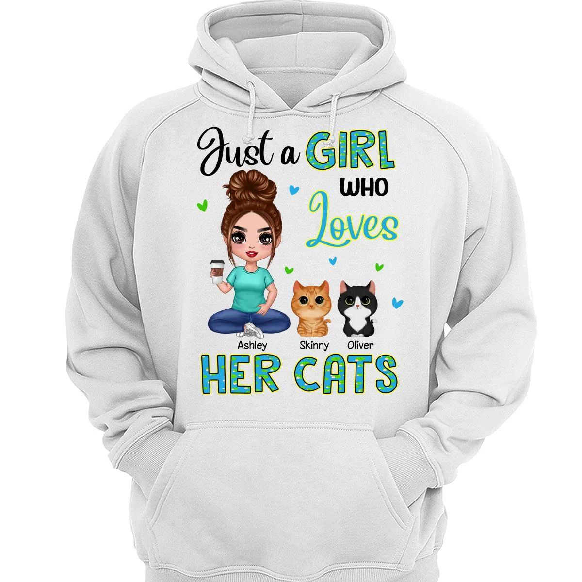 Green Pattern Just A Woman Who Loves Cats Doll Girl Sitting With Watercolor Cute Cats Personalized Shirt - Image 3