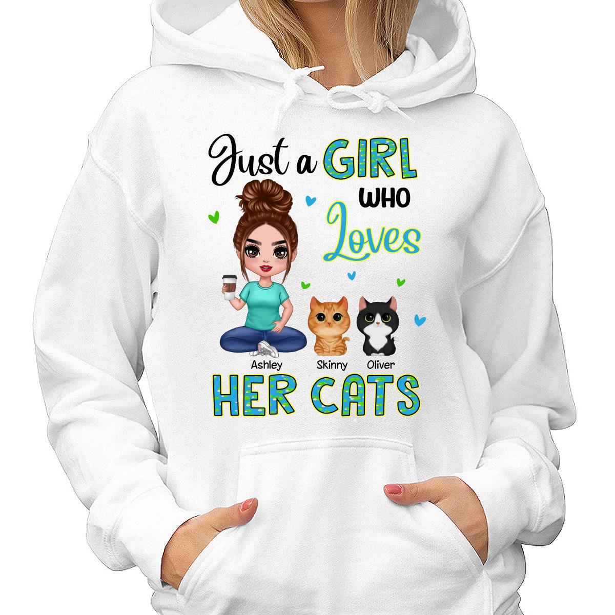 Green Pattern Just A Woman Who Loves Cats Doll Girl Sitting With Watercolor Cute Cats Personalized Shirt - Image 4