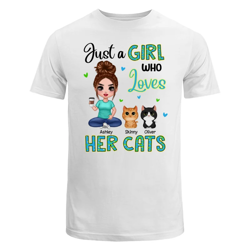 Green Pattern Just A Woman Who Loves Cats Doll Girl Sitting With Watercolor Cute Cats Personalized Shirt - Image 5