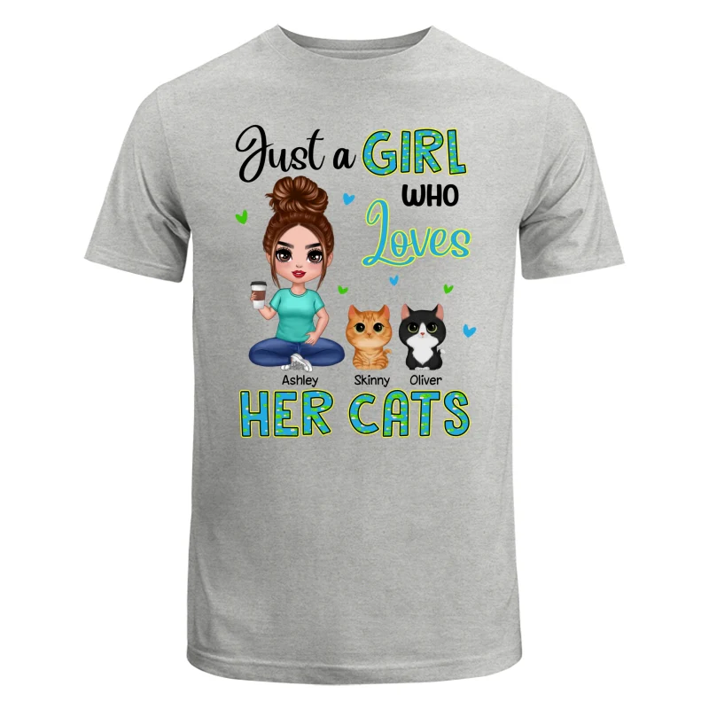 Green Pattern Just A Woman Who Loves Cats Doll Girl Sitting With Watercolor Cute Cats Personalized Shirt - Image 6