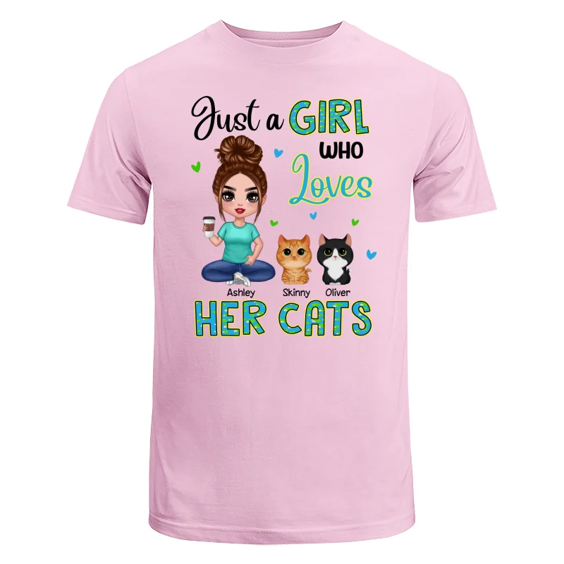 Green Pattern Just A Woman Who Loves Cats Doll Girl Sitting With Watercolor Cute Cats Personalized Shirt - Image 7