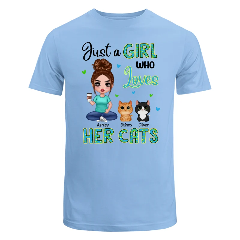 Green Pattern Just A Woman Who Loves Cats Doll Girl Sitting With Watercolor Cute Cats Personalized Shirt - Image 8