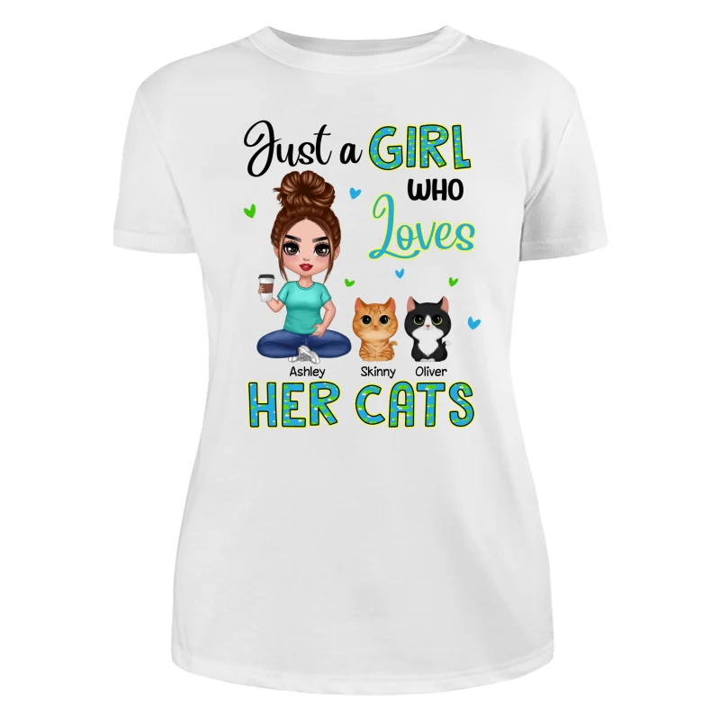 Green Pattern Just A Woman Who Loves Cats Doll Girl Sitting With Watercolor Cute Cats Personalized Shirt - Image 9