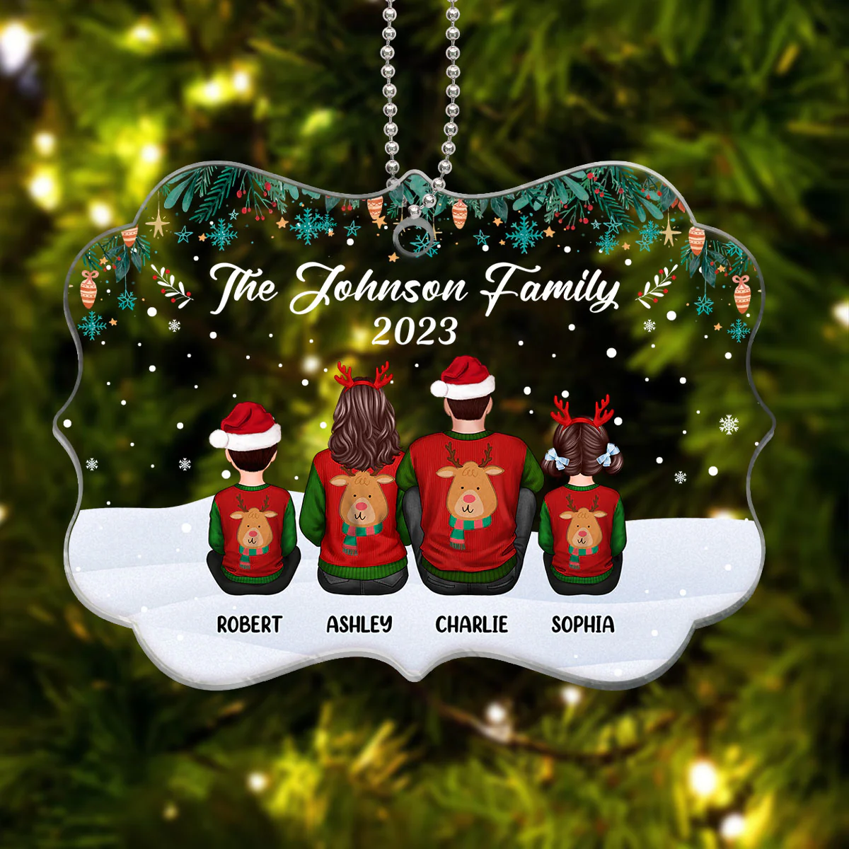Green Snowflake Family Sitting Back View Personalized Acrylic Ornament