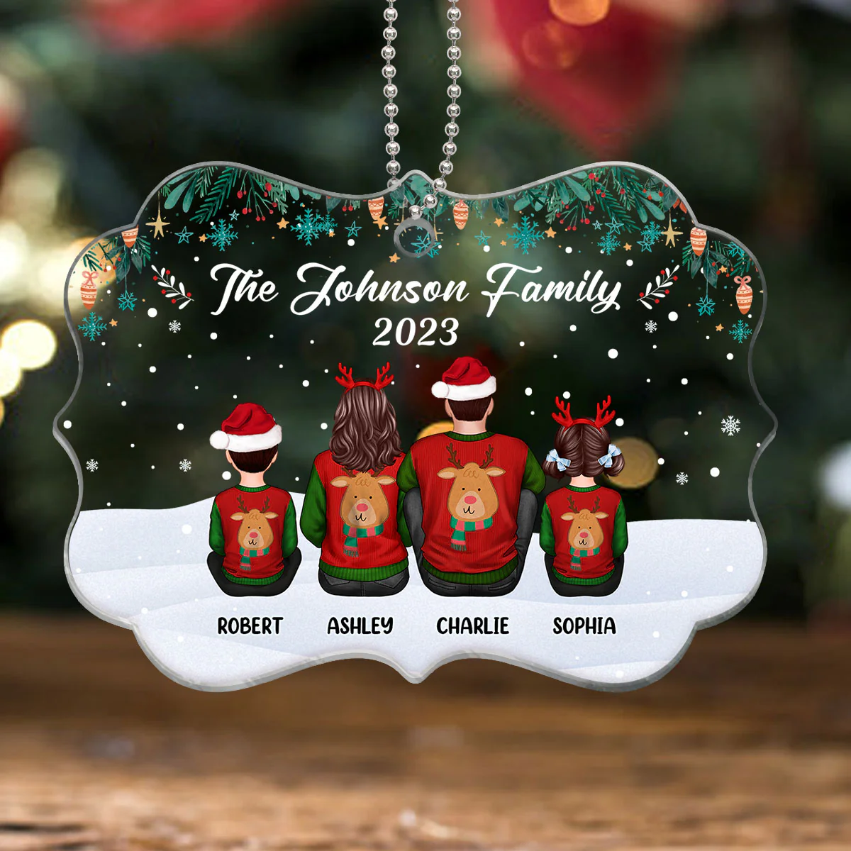 Green Snowflake Family Sitting Back View Personalized Acrylic Ornament - Image 3