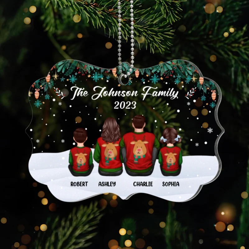 Green Snowflake Family Sitting Back View Personalized Acrylic Ornament - Image 4