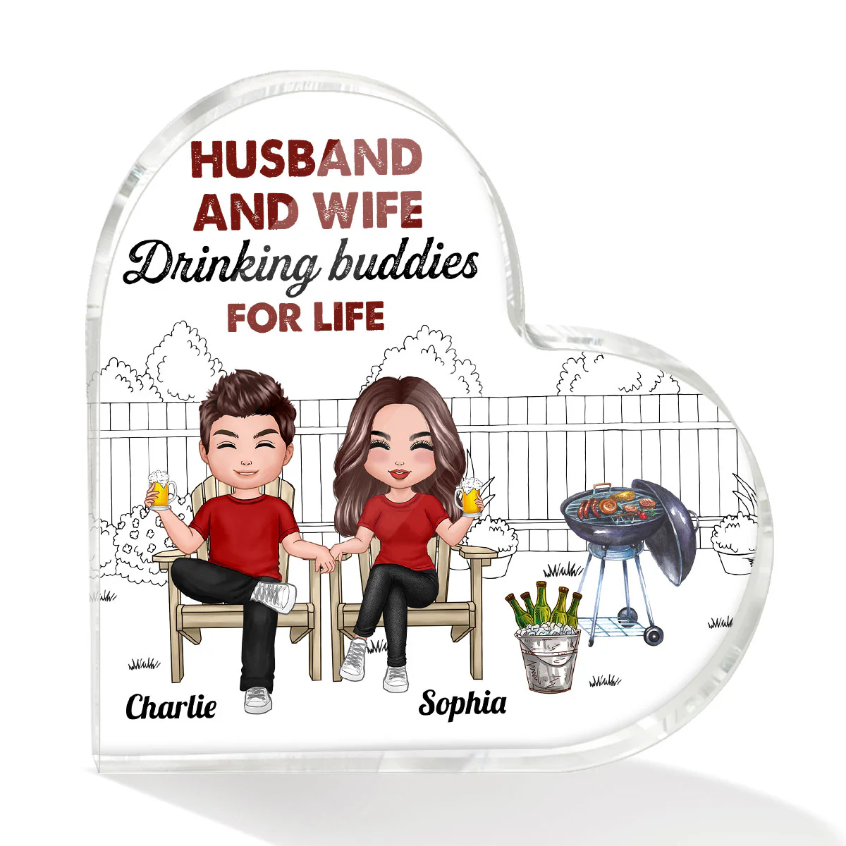Grilling Drinking Couple Personalized Acrylic Heart Plaque - Image 2