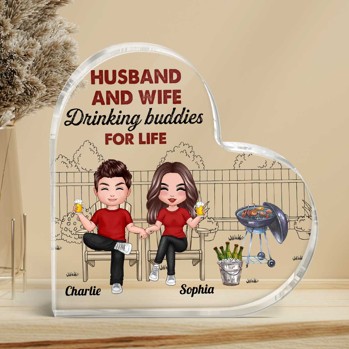 Grilling Drinking Couple Personalized Acrylic Heart Plaque - Image 3