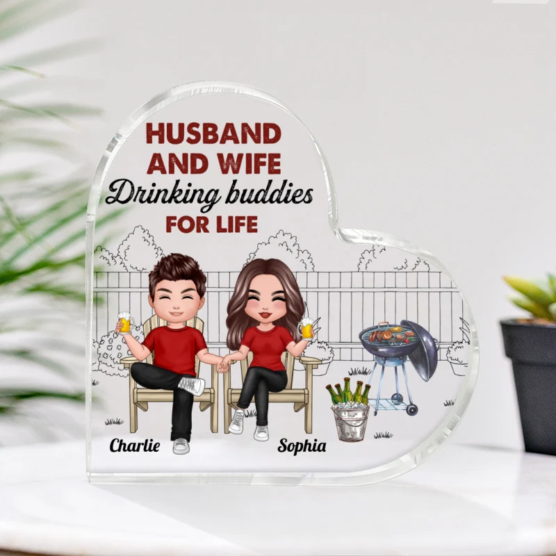 Grilling Drinking Couple Personalized Acrylic Heart Plaque - Image 4